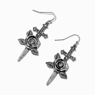 Silver-tone Dagger & Rose Drop Earrings 