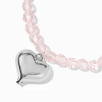 Puffy Heart Charm Pink Beaded Stretch Bracelet