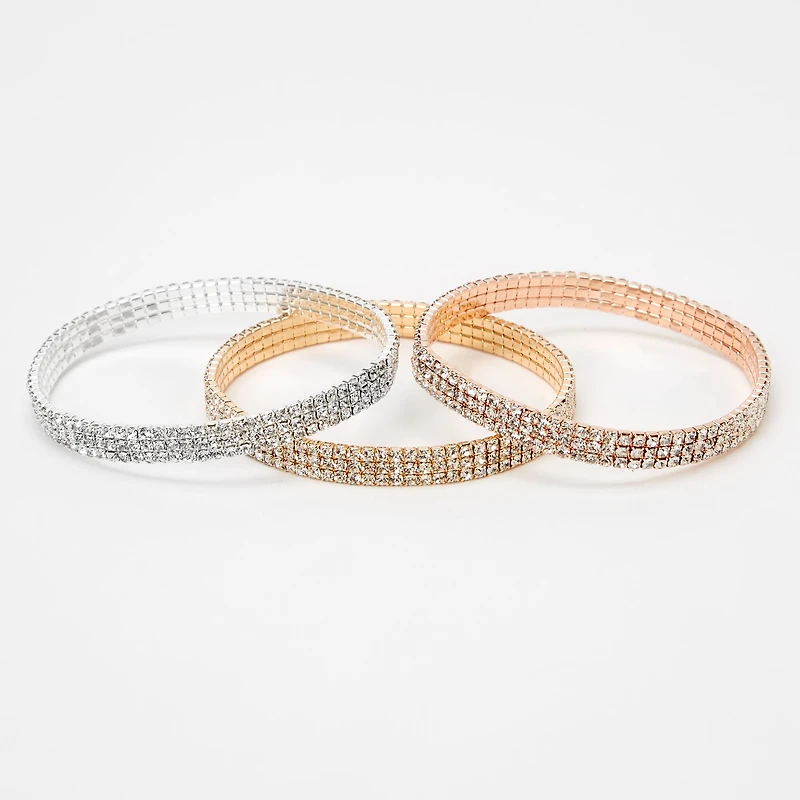 Mixed Metal Triple Row Rhinestone Stretch Bracelets - 3 Pack