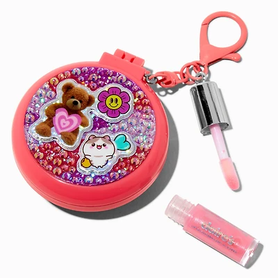 Pink Sticker Club Hair Brush & Lip Gloss Keychain