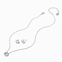 Silver-tone Cubic Zirconia Circle Pendant Necklace & Stud Earrings Set