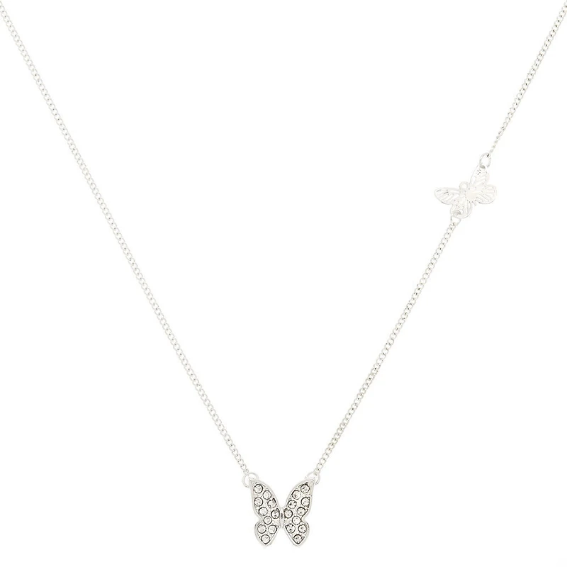 Silver-tone Double Butterfly Stackable Pendant Necklace