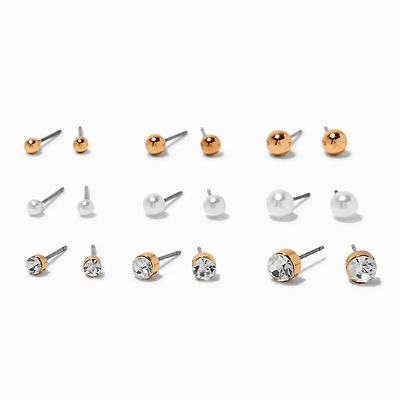 Gold-tone Graduated Ball, Crystal & Pearl Earrings Set - 9 Pack