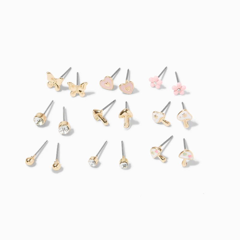 Gold Cottagecore Stud Earrings - 9 Pack