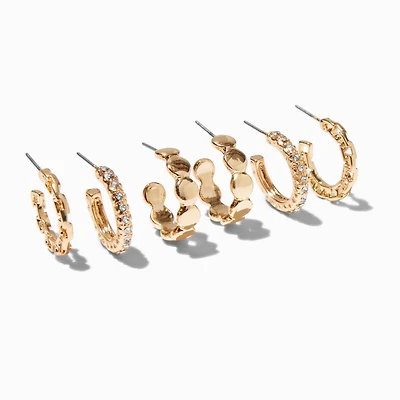 Gold-tone Circle Dot Mixed Hoop Earring Stackables Set - 3 Pack