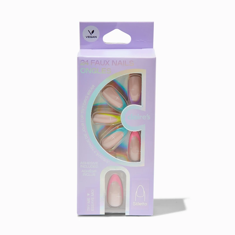 Rainbow French Tip Stars Stiletto Vegan Faux Nail Set - 24 Pack