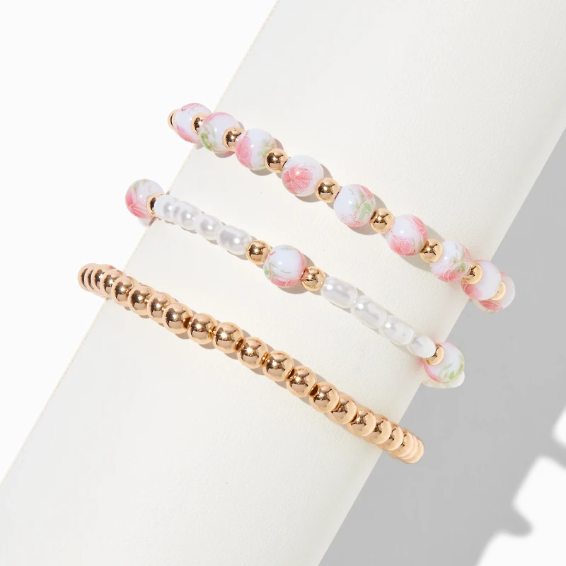 Pink Rose Beaded Stretch Bracelets - 3 Pack