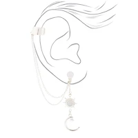 Silver-tone Celestial Moon Ear Cuff Connector Chain Earrings