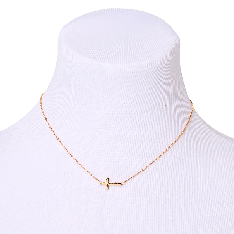 Gold-tone Sideways Cross Stackable Pendant Necklace