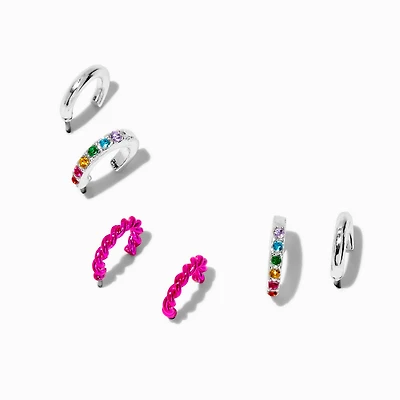 Silver-tone Pink Rainbow Hoop Earring Stackables Set - 3 Pack