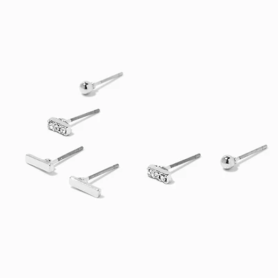 Silver-tone Stacked Bars Stud Earrings - 3 Pack