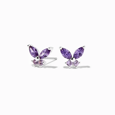 Purple Cubic Zirconia Silver-tone Butterfly Stud Earrings