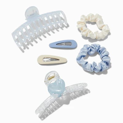 Blue & Cream Mixed Scrunchie & Hair Clip Set - 6 Pack