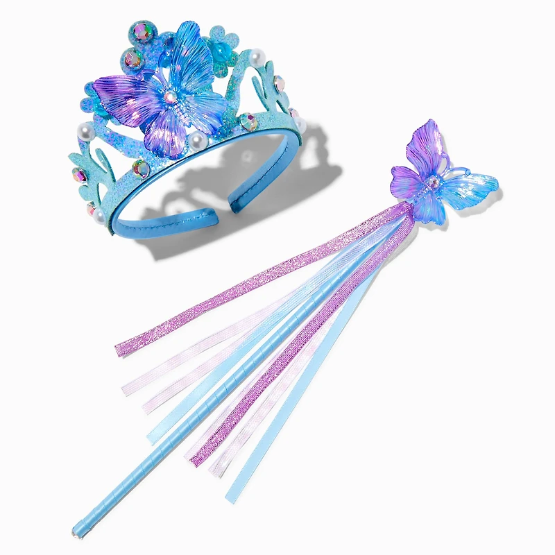 Claire's Club Iridescent Blue Butterfly Crown & Wand - 2 Pack