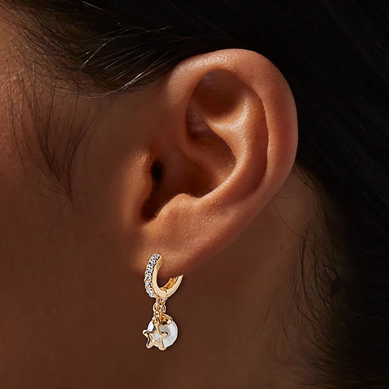 Gold-tone Pearl & Star Crystal Pavé Hoop Earrings