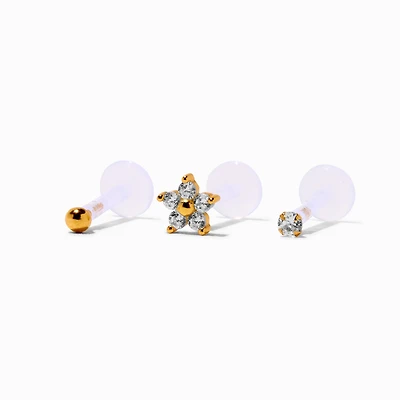 Gold-tone Sterling Silver Cubic Zirconia Flower 16G Threadless Flat Back Tragus Earring - 3 Pack