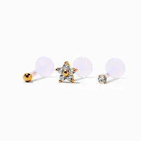 Gold-tone Sterling Silver Cubic Zirconia Flower 16G Threadless Flat Back Tragus Earring - 3 Pack