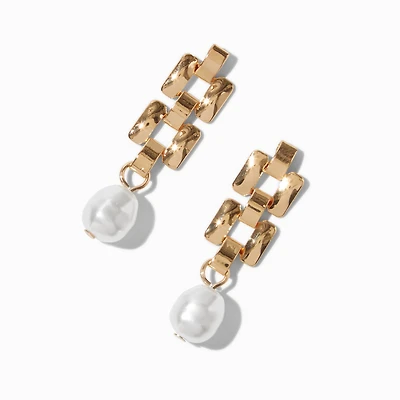Gold-tone Watch Band Pearl Drop Earrings
