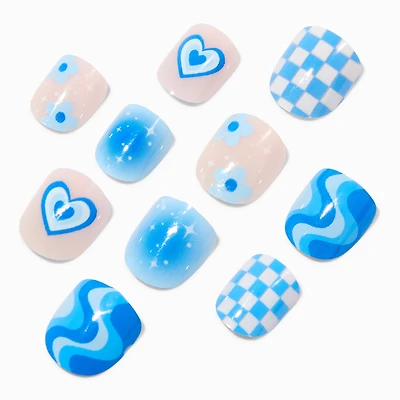 Claire's Club Blue Trendy Icon Press On Vegan Faux Nail Set - 10 Pack