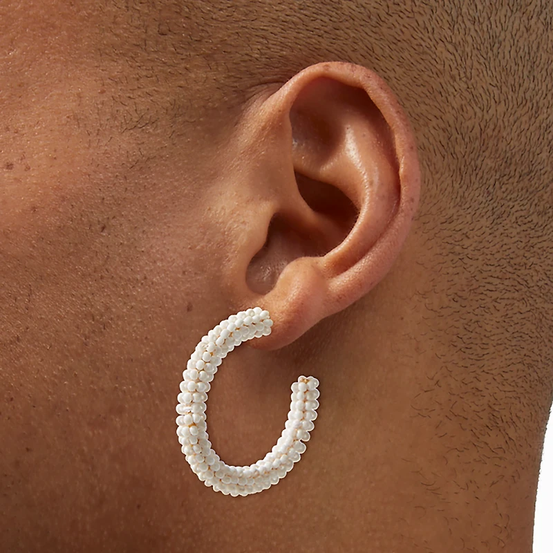 White Beaded Hoop Earrings