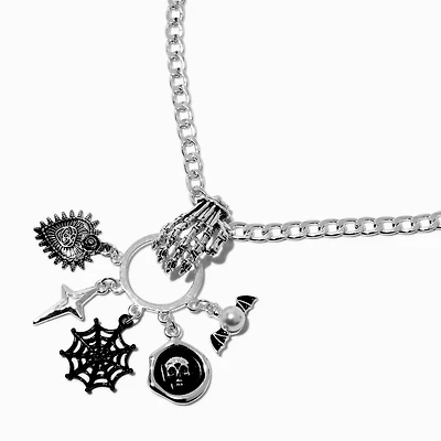 Silver-tone Skeleton Hand Halloween Charm Pendant Necklace