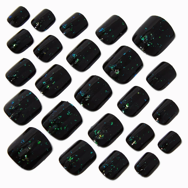 Green Foil Black Square Press On Vegan Faux Nail Set - 24 Pack
