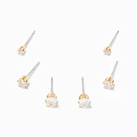 Gold-tone Cubic Zirconia 2mm, 3mm, & 4mm Round Stud Earrings