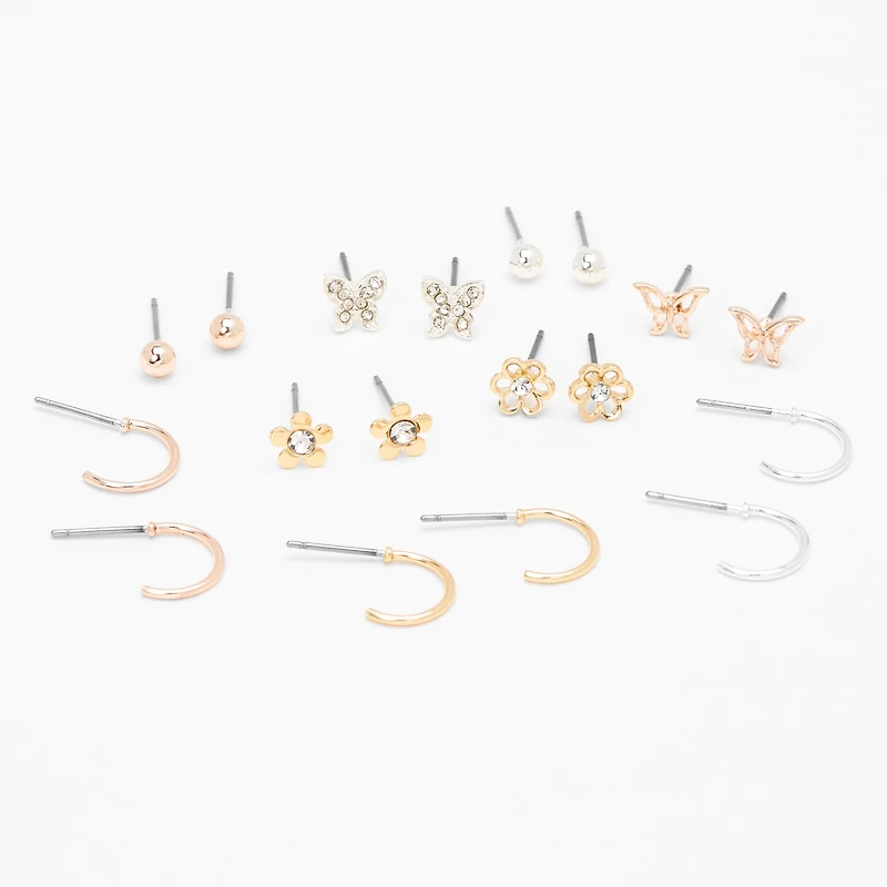 Mixed Metal Flower Butterfly Earrings - 9 Pack