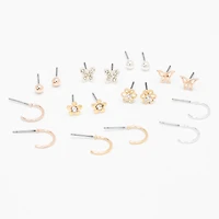 Mixed Metal Flower Butterfly Earrings - 9 Pack