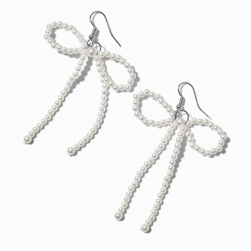 White Pearl Bow 3" Drop Earrings 