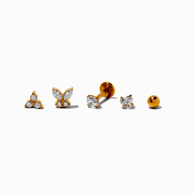 Gold-tone Stainless Steel Cubic Zirconia Butterfly Changeable 18G Tragus Flat Back Earrings - 5 Pack