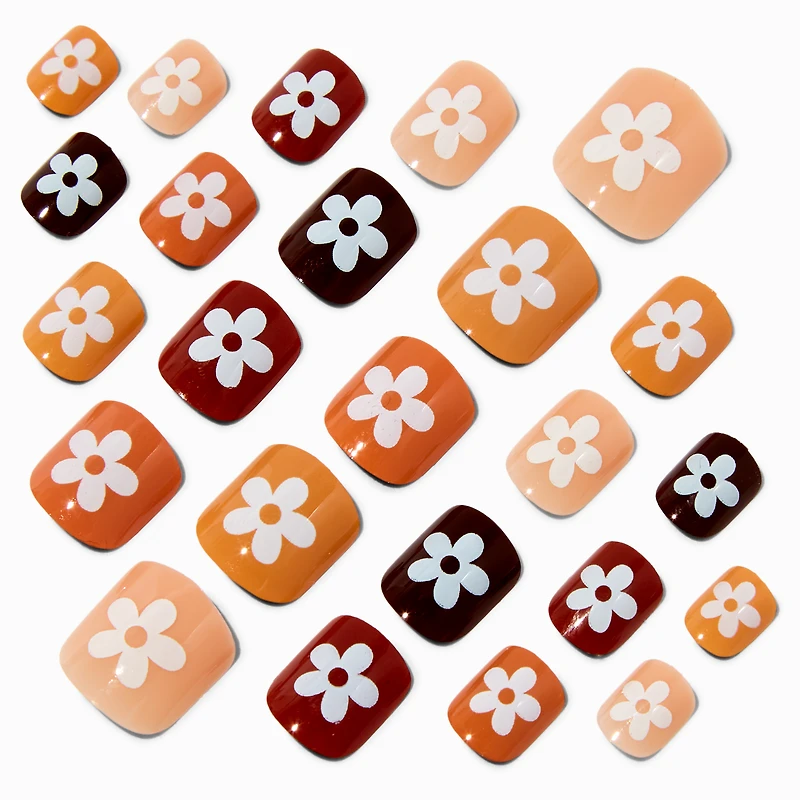Neutral Flower Square Press On Vegan Faux Nail Set - 24 Pack