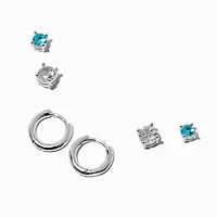 Silver-tone Aqua Cubic Zirconia Earring Stackables Set - 3 Pack