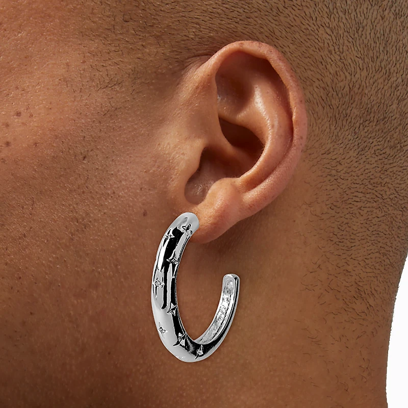 Silver-tone Star Stamped 50mm Hoop Earrings