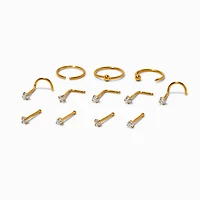 20G Gold-tone Stainless Steel Cubic Zirconia Nose Studs & Hoop - 12 Pack