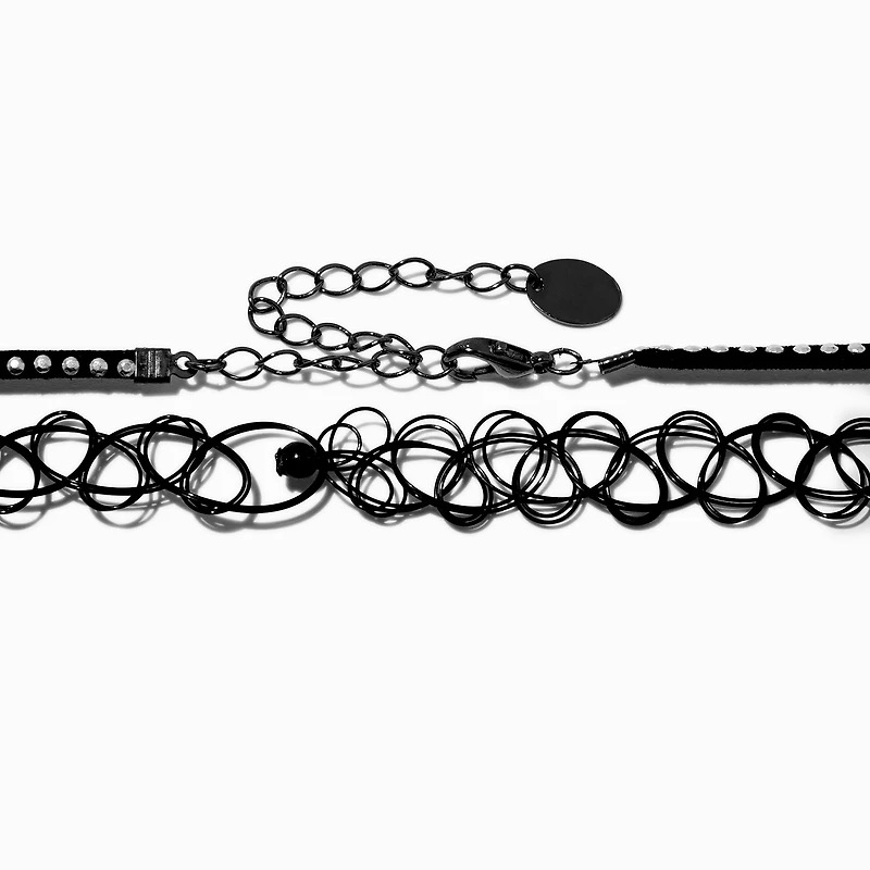 Black Ribbon & Tattoo Cross Dangle Choker Necklaces - 2 Pack