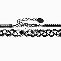 Black Ribbon & Tattoo Cross Dangle Choker Necklaces - 2 Pack