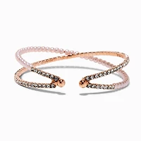 Rose Gold-tone Crystal Blush Pink Pearl Criss Cross Cuff Bracelet