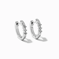 Silver-tone Cubic Zirconia Three-Stone 10mm Huggie Hoop Earrings