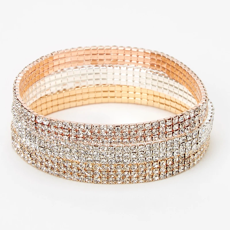 Mixed Metal Triple Row Rhinestone Stretch Bracelets - 3 Pack