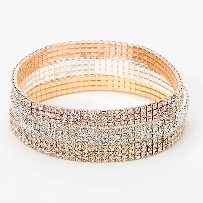 Mixed Metal Triple Row Rhinestone Stretch Bracelets - 3 Pack