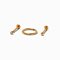 Gold-tone Titanium Cubic Zirconia Threadless 18G Cartilage Earrings - 3 Pack 