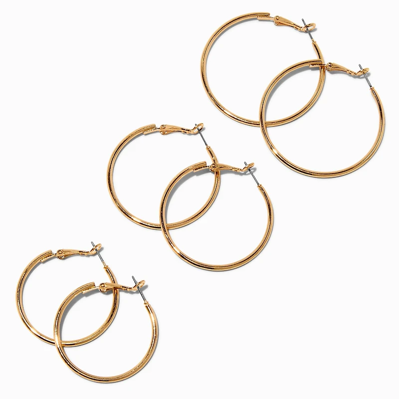 Gold-tone 40mm 35mm, & 30mm Graduated Hoop Earrings - 3 Pack