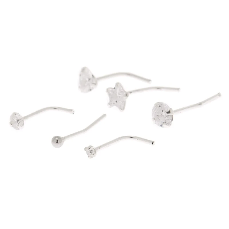 22G Sterling Silver Cubic Zirconia Mixed Nose Studs - 6 Pack