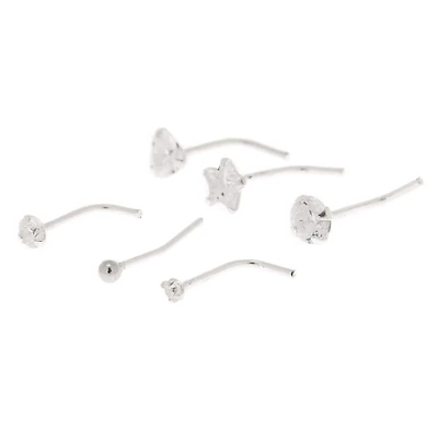 22G Sterling Silver Cubic Zirconia Mixed Nose Studs - 6 Pack