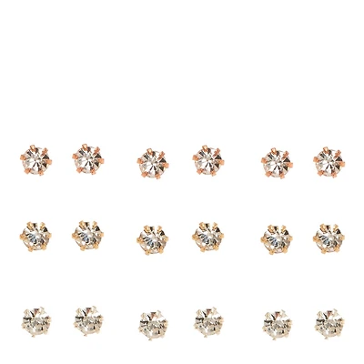 Mixed Metal 3mm Crystal Stud Earrings - 9 Pack