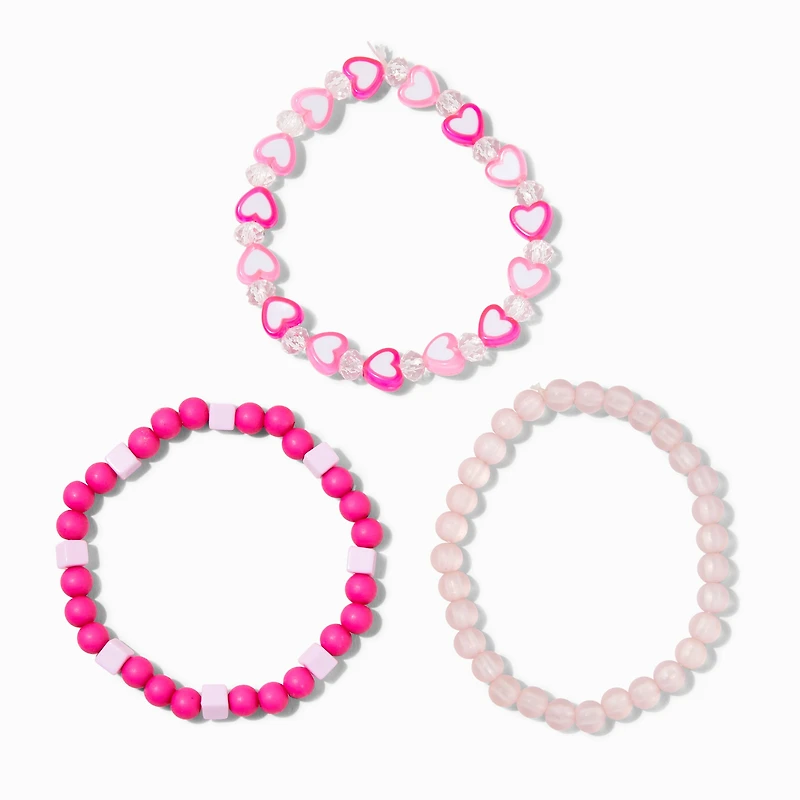 Pink Heart Beaded Stretch Bracelets - 3 Pack
