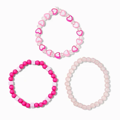 Pink Heart Beaded Stretch Bracelets - 3 Pack