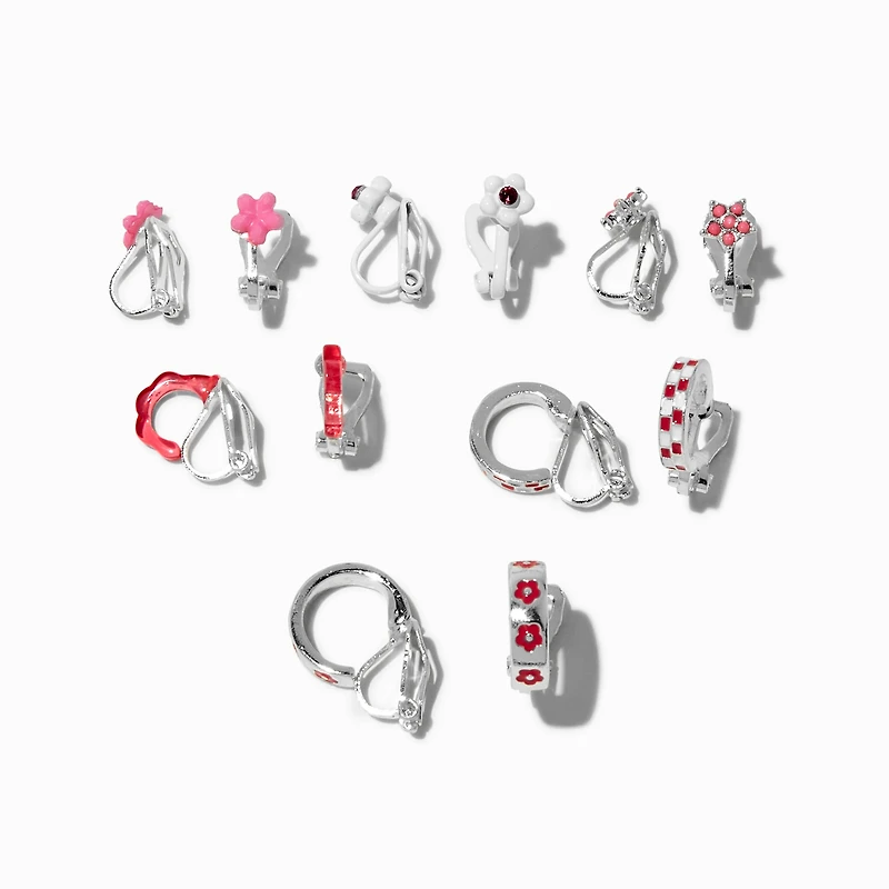 Pink Flowers & Checks Clip-On Earring Set - 6 Pack
