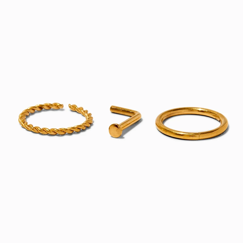 18G 18k Gold Plated Titanium 18G Nose Stud & Mixed Hoops - 3 Pack